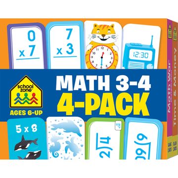 portada School Zone - Math 3-4 4-Pack Flash Cards - Ages 6+, 3rd Grade, 4th Grade, Multiplication 0-12, Division 0-12, Math war Multiplication Game Cards, Time & Money, Telling Time, Coin Values, and More 