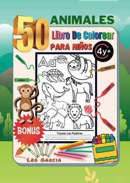 portada Libro Para Colorear de 50 Animales Para Niños 4+ Extra Parte Para Rastrear las Palabras Visuales: 50 Animales Para Colorear, Aprender Letras y.   El Nombre de los Animales