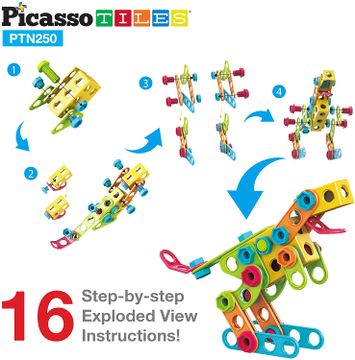 PicassoTiles® STEM Learning Toys Juego de bloques de construcción de 250 piezas para niños Kit de ingeniería de construcción PTN250