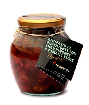 portada ANTIPASTO DE PIMENTONES ASADOS con champiñones y tomates secos (230 g) Marca Tomacol 