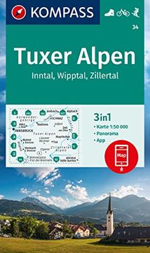 portada Kompass Wanderkarte 34 Tuxer Alpen, Inntal, Wipptal, Zillertal 1: 50. 000 (en Alemán)