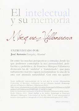 portada Márquez Villanueva. Entrevistado por J. Antonio González Alcantud (El intelectual y su memoria)