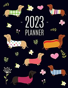 portada Dachshund Planner 2023: Funny dog Monthly Agenda January-December Organizer (12 Months) Cute Puppy Scheduler With Flowers & Pretty Pink Hearts 