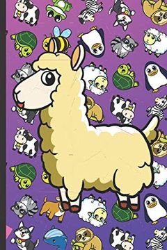 portada Coloring Book With Positive Affirmations and Stress Relief: Llama Cartoon on Cover With Zebras Whales Dogs Frogs Cows Sloths Penguins Raccoons Sheep Goats and Turtles on Purple Blue Background. 
