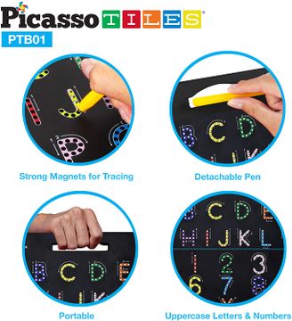 PicassoTiles™ Tablero 2 en 1 de alfabeto magnético de doble cara ABC AZ mayúscula y minúscula, tablero de lectura de letras con imán grande para tableta de aprendizaje