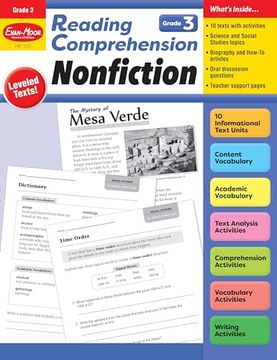portada Evan-Moor Reading Comprehension: Nonfiction, Grade 3 - Homeschooling and Classroom Resource Workbook, Biographies, Science, Social Studies, Geography, Leveled, Vocabulary, Text Structure Analysis 