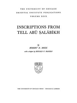 portada Inscriptions From Tell abu Salabikh (Oriental Institute Publications) (en Inglés)