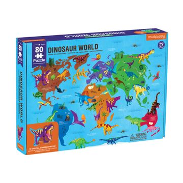 portada Mudpuppy Dinosaur World Geography Puzzle, 80 Pieces, 23” x 16. 5” – Colorful Jigsaw Puzzle With 15 Dinosaur-Shaped Pieces, Ideal for Ages 5-9 – Makes a Great Gift Idea