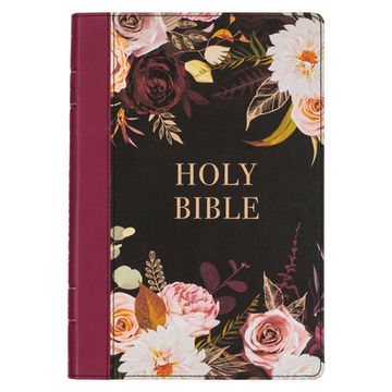 portada KJV Holy Bible, Thinline Large Print Faux Leather Red Letter Edition - Thumb Index & Ribbon Marker, King James Version, Black/Burgundy Printed Floral (en Inglés)