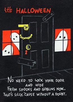 portada Halloween Ghosts Flank Padlocked Door - Halloween Greeting Card (en Inglés)