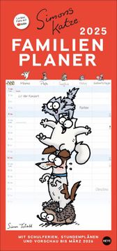 portada Simons Katze Familienplaner 2025: Familienkalender mit 5 Spalten. Humorvoll Illustrierter Familien-Wandkalender mit Schulferien und Stundenplänen.