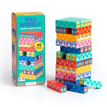 portada Mudpuppy - Wild Wobble! – Wooden Tumbling Tower Game for Motor Skill and Dexterity Building for Children Ages 3 and up, 2+ Players