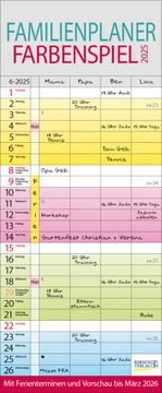 portada Familienplaner Farbenspiel 2025: Familienkalender für 4 Personen, Bunt mit Ferienterminen, Vorschau bis März 2026 und Nützlichen Zusatzinformationen.