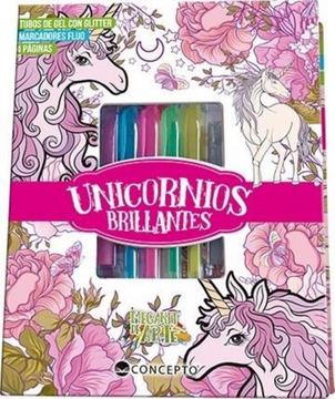 portada Unicornios Brillantes [2 Tubos de gel con Glitter + 4 Marcadores] (in Spanish)