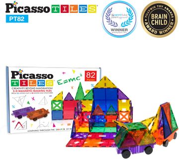 portada PicassoTiles™ Set de construccion 82 Piezas + 2 Automoviles de Imanes (magnéticos, 3D), color transparente Educativo, inspirador, convencional, recreativo