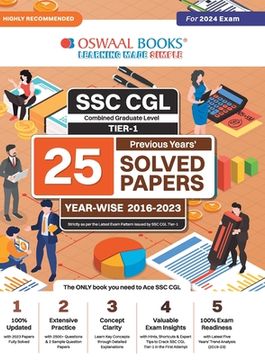 portada Oswaal SSC CGL (Combined Graduate Level) Tier-I 25 Previous Years Solved Papers Year-wise 2016-2023 For 2024 Exam (en Inglés)