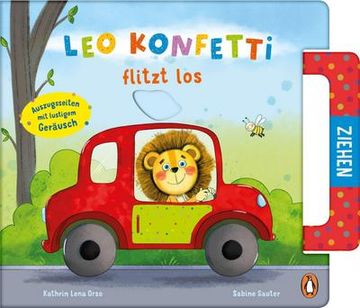 portada Leo Konfetti Flitzt Los: Ein Fahrzeug-Pappbilderbuch für Kinder ab 2 mit Auszugsseiten und Lustigem Geräusch (Die Leo-Konfetti-Reihe, Band 1) (en Alemán)