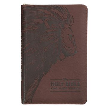 portada KJV Holy Bible, Standard Size Faux Leather Red Letter Edition - Thumb Index & Ribbon Marker, King James Version, Brown Lion Zipper Closure (en Inglés)