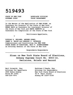 portada Sloan vs New York State Board of Elections, Albany Supreme Court No. 4003-14: Decisions, Briefs and Record
