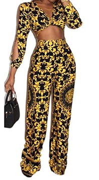 portada Gaga Womens Floral Crop Shirts top Bodycon Pants two Piece Outfits Jumpsuit Yellow xs (in English)